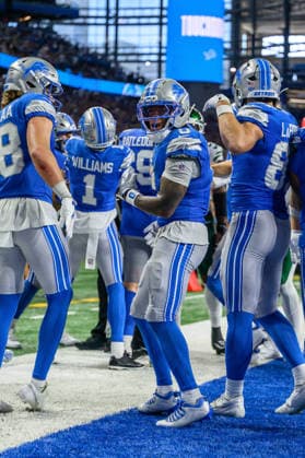 Sep 27, 2026; Detroit, MI, USA; Detroit Lions running back Jahmyr Gibbs (0) celebrates his touchdown with teammates at Ford Field. Mandatory Credit: -Cal Media Detroit USA - ZUMAc04_ 20260927_zma_c04_062 Copyright: xAllanxDranbergx