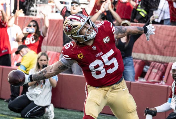San Francisco 49ers tight end George Kittle (85) spikes the ball 20 yard touchdown pass from Brock Purdy in the fourth quarter against the Arizona Cardinals at Levi s Stadium in Santa Clara, California on Sunday, September 27, 2026. The 49ers defeated the Cardinals 36 to 30.  SXP2026092720 TerryxSchmitt