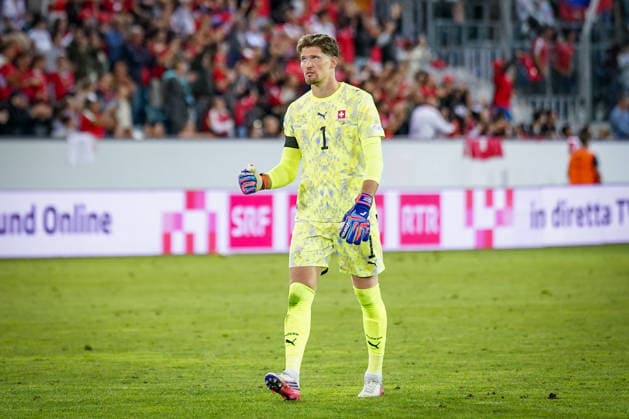 Fussball UEFA Nations League 2026 - 2027, 3. Spieltag - Schweiz vs Slowenien - Thermoplan Arena (Luzern): Gregor Kobel (Schweiz, 1) Mimik, Gesichtsausdruck, Emotion, Freude, Emotionen, Jubel Copyright: xJOERANxSTEINSIEKx