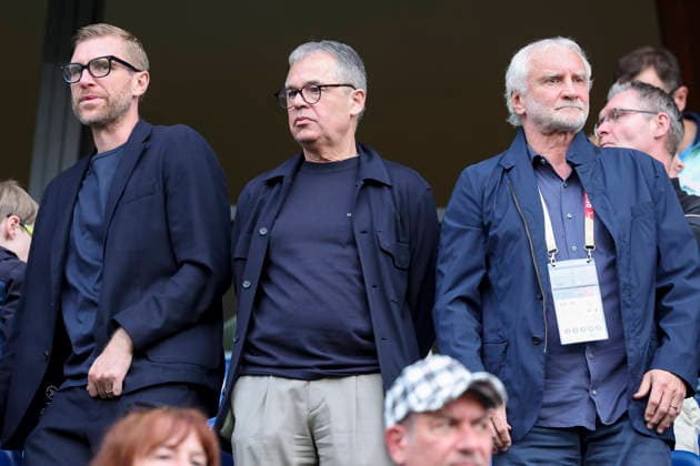 Per Mertesacker Geschaeftsfuehrer Andreas Rettig (Germany) und Direktor Nationalmannschaft Rudi Voeller (Germany) look on during the UEFA Under21 EURO Qualifier, EM, Europameisterschaft between Germany U21, U 21 and Georgia U21 at Almstadion on October 6, 2026 in Bielefeld, Germany. (Photo by Marco Steinbrenner DeFodi Images) -