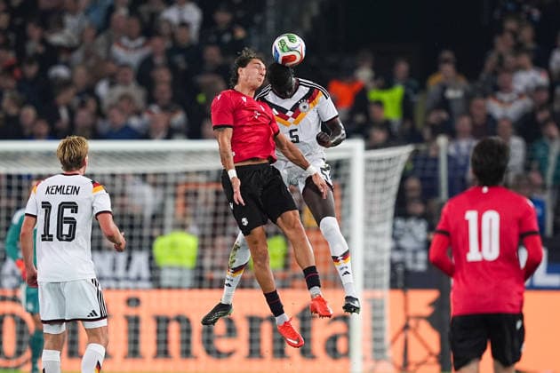 06.10.2026, xydrx, Herren, Fußball, Länderspiel, U21, U 21 EM-Qualifikation, Deutchland - Georgien, Saison 2026 2027, Schüco Arena: Diego Deisadze (GEO, 9) im Zweikampf gegen Joshua Quarshie (GER, 5) DFB regulations prohibit any use of photographs as image sequences and or quasi-video. Copyright: HMBxMedia YannisxDreimann