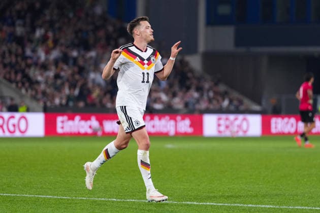 06.10.2026, xydrx, Herren, Fußball, Länderspiel, U21, U 21 EM-Qualifikation, Deutchland - Georgien, Saison 2026 2027, Schüco Arena: Torjubel nach dem Tor zum 2:0 für Deutschland durch Torschütze Dzenan Pejcinovic (GER, 11) DFB regulations prohibit any use of photographs as image sequences and or quasi-video. Copyright: HMBxMedia YannisxDreimann