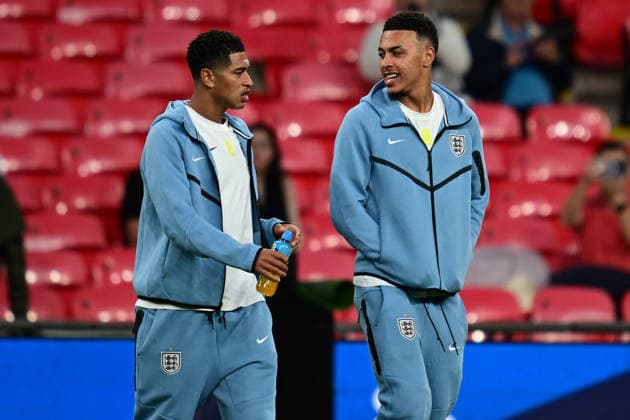 England v Czechia, UEFA Nations League England midfielder Jude Bellingham (10) with England forward Morgan Rogers (17) during the UEFA Nations League match between England and Czechia at Wembley Stadium, London, UK on 6 October 2026. London Wembley Stadium Greater London UK Editorial use only , Copyright: xDennisxGoodwinx PSI-24957-0006