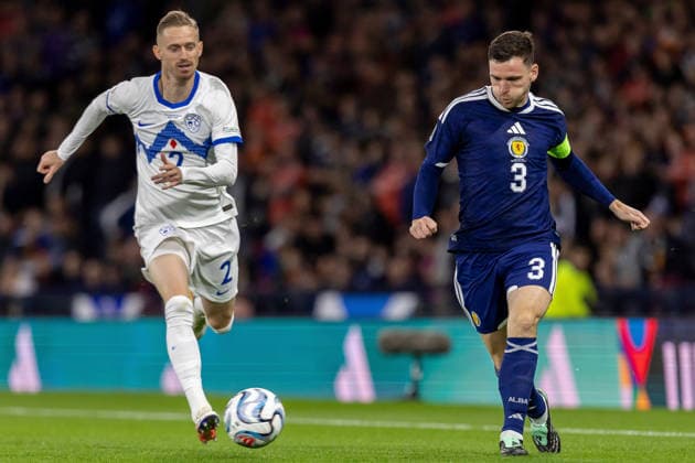 Scotland v Slovenia, UEFA Nations League Andy Robertson of Scotland national team, Nationalteam plays the ball in front of Å½an KarniÄnik of Slovenia during the UEFA Nations League League B Group B1 between Scotland and Slovenia. Barclays Hampden, Hampden Park, Glasgow, Scotland. 6 October 2026. Hampden Park Barclays Hampden Glasgow Scotland Editorial use only , Copyright: xColinxPoultneyx PSI-24964-0004