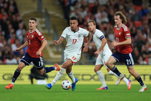 England v Czechia - UEFA Nations League 2026 27 Group A3 MD4 Morgan Rogers of England breaks away from Jiri Slama of Czechia and Alex Kral of Czechia during the UEFA Nations League 2026 27 group phase match between England and Czechia at Wembley Stadium on October 6, 2026 in London, England. London Wembley Stadium England United Kingdom Copyright: xAllstarxPicturexLibraryxLtdx