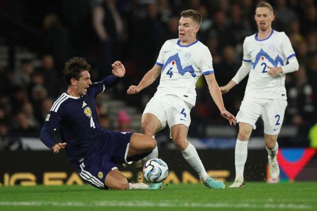 RECORD DATE NOT STATED 6th October 2026; Hampden Park, Glasgow, Scotland; UEFA Nations League Football, Scotland versus Slovenia; Mark Zabukovnik of Slovenia is tackled by Luis Binks of Scotland DavidxYoung