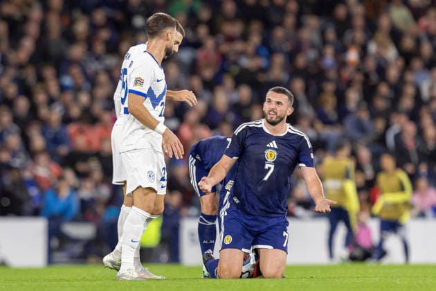 Scotland v Slovenia, UEFA Nations League John McGinn of Scotland national team, Nationalteam looks up in disgust after being brought down during the UEFA Nations League League B Group B1 between Scotland and Slovenia. Barclays Hampden, Hampden Park, Glasgow, Scotland. 6 October 2026. Hampden Park Barclays Hampden Glasgow Scotland Editorial use only , Copyright: xColinxPoultneyx PSI-24964-0051