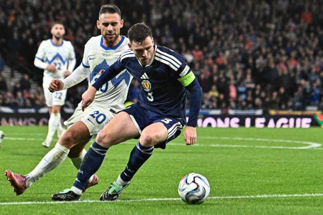 Scotland v Slovenia UEFA Nations League Andrew Robertson of Scotland and Alijosa Matko of Slovenia during the UEFA Nations League match at Barclays Hampden, Glasgow 06 10 2026 UK Newspapers OUT Copyright: xJamiexJohnstonx FIL-24032-0113