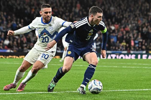 Scotland v Slovenia UEFA Nations League Andrew Robertson of Scotland and Alijosa Matko of Slovenia during the UEFA Nations League match at Barclays Hampden, Glasgow 06 10 2026 UK Newspapers OUT Copyright: xJamiexJohnstonx FIL-24032-0114