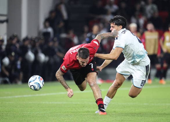 Albania vs San Marino UEFA Nations League 2026-2027 Group C1 Rei Manaj of Albania and Lorenzo Capicchioni of San Marino in action during the UEFA Nations League 2026-2027 group phase match between Albania and San Marino in Tirana, Albania on October 6, 2026 Tirana Albania  Copyright: xArmandoxBabanix