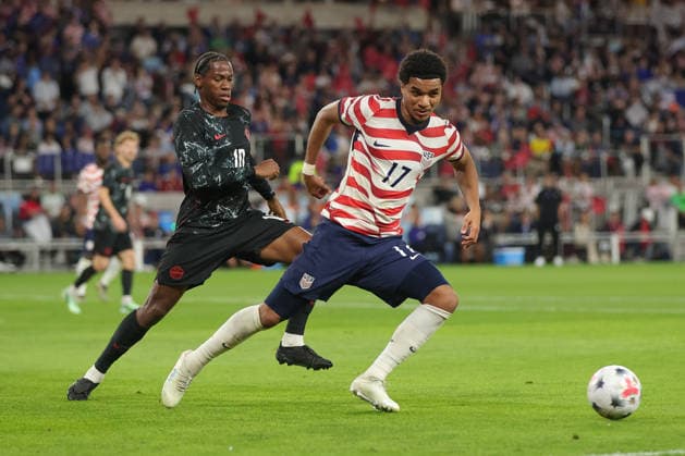 SAINT PAUL, MN - OCTOBER 06: United States Malik Tillman (17) and Canada™s Jonathan David (10) battle for the ball during the first half of the men™s friendly match between the U.S. national team, Nationalteam and Canada™s national team on October 6th, 2026, at Allianz Field in Saint Paul, MN. (Photo by Bailey Hillesheim Icon Sportswire) SOCCER: OCT 06 USA vs Canada EDITORIAL USE ONLY Icon20261006011