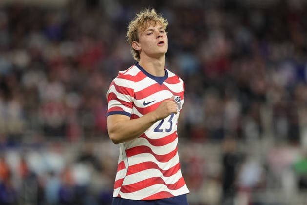 SAINT PAUL, MN - OCTOBER 06: United States Joe Scally (23) looks on during the second half of the men™s friendly match between the U.S. national team, Nationalteam and Canada™s national team on October 6th, 2026, at Allianz Field in Saint Paul, MN. (Photo by Bailey Hillesheim Icon Sportswire) SOCCER: OCT 06 USA vs Canada EDITORIAL USE ONLY Icon20261006017
