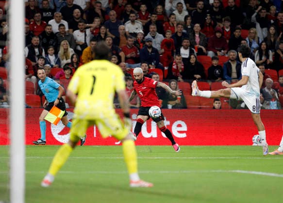 UEFA Nations League Qualifier Albania vs San Marino in Tirana, Albania. Elseid Hysaj of Albania (C) fights for the ball with Lorenzo Capicchioni (R) of San Marino during the UEFA Nations League Group C match between Albania and Belarus at Air Albania Stadium in Tirana, Albania, on October 6, 2026. Light Studio Agency Malton Dibra Tirana Albania Copyright: xLightxStudioxAgencyx xMaltonxDibrax