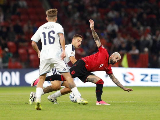 UEFA Nations League Qualifier Albania vs San Marino in Tirana, Albania. Elseid Hysaj of Albania (R) fights for the ball with Samuele Zannoni (C) of San Marino during the UEFA Nations League Group C match between Albania and Belarus at Air Albania Stadium in Tirana, Albania, on October 6, 2026. Light Studio Agency Malton Dibra Tirana Albania Copyright: xLightxStudioxAgencyx xMaltonxDibrax
