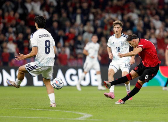 UEFA Nations League Qualifier Albania vs San Marino in Tirana, Albania. Kristjan Asllani of Albania (R) shoots and scores the first goal during the UEFA Nations League Group C match between Albania and Belarus at Air Albania Stadium in Tirana, Albania, on October 6, 2026. Light Studio Agency Malton Dibra Tirana Albania Copyright: xLightxStudioxAgencyx xMaltonxDibrax