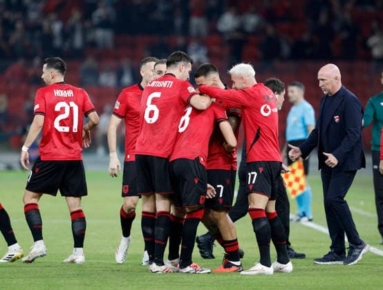 UEFA Nations League Qualifier Albania vs San Marino in Tirana, Albania. Albanian players and Albania head coach Italian Rolando Maran celebrate the first goal during the UEFA Nations League Group C match between Albania and Belarus at Air Albania Stadium in Tirana, Albania, on October 6, 2026. Light Studio Agency Malton Dibra Tirana Albania Copyright: xLightxStudioxAgencyx xMaltonxDibrax