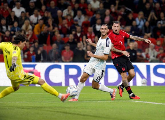 UEFA Nations League Qualifier Albania vs San Marino in Tirana, Albania. Rei Manaj of Albania (R) and Michele Cevoli of San Marino (C) fight for the ball during the UEFA Nations League Group C match between Albania and Belarus at Air Albania Stadium in Tirana, Albania, on October 6, 2026. Light Studio Agency Malton Dibra Tirana Albania Copyright: xLightxStudioxAgencyx xMaltonxDibrax