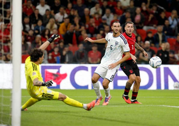 UEFA Nations League Qualifier Albania vs San Marino in Tirana, Albania. Rei Manaj of Albania (R) and Michele Cevoli of San Marino (C) fight for the ball during the UEFA Nations League Group C match between Albania and Belarus at Air Albania Stadium in Tirana, Albania, on October 6, 2026. Light Studio Agency Malton Dibra Tirana Albania Copyright: xLightxStudioxAgencyx xMaltonxDibrax
