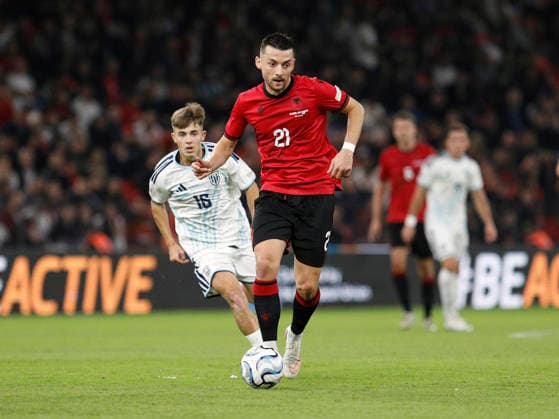 UEFA Nations League Qualifier Albania vs San Marino in Tirana, Albania. Arber Hoxha of Albania (R) and Cristian Meloni of San Marino (C) fight for the ball during the UEFA Nations League Group C match between Albania and Belarus at Air Albania Stadium in Tirana, Albania, on October 6, 2026. Light Studio Agency Malton Dibra Tirana Albania Copyright: xLightxStudioxAgencyx xMaltonxDibrax