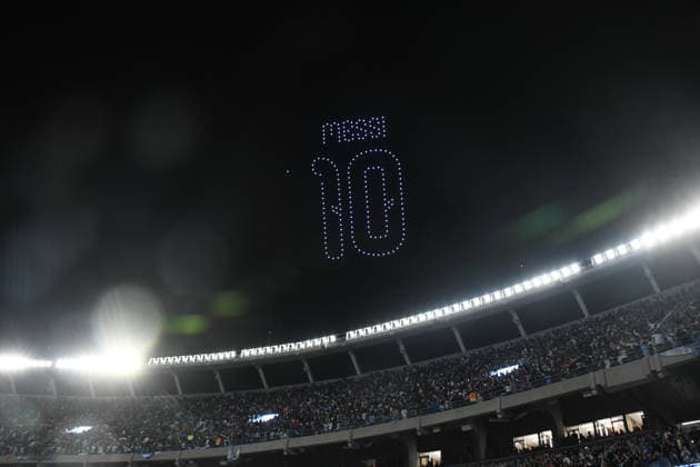 BUENOS AIRES, ARGENTINA - OCTOBER 06: firework and drone light show during the Lionel Messi of Argentina addresses, speak to the crowd after his final international appearance the International Friendly, Länderspiel, Nationalmannschaft match between Argentina and Benin at Estadio Mas Monumental on October 06, 2026 in Buenos Aires, Argentina. Photo by SFSI Argentina national team, Nationalteam v Benin Copyright: xSFSIx