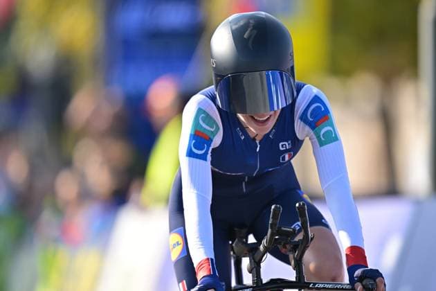 France s Thais Poirier pictured in action during the Women Junior Individual Time Trial race (22km) at the cycling UEC Road European Championships, in Ljubljana, Slovenia, on Wednesday 7 October 2026. The UEC Road European Championships are taking place from 02 to 07 October in Ljubljana, Slovenia. DAVIDxPINTENS  x189032478x