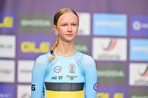 Belgium s Laura Five , winner of the silver medal pictured on the podium of the Women Junior Individual Time Trial race (22km) at the cycling UEC Road European Championships, in Ljubljana, Slovenia, on Wednesday 7 October 2026. The UEC Road European Championships are taking place from 02 to 07 October in Ljubljana, Slovenia. DAVIDxPINTENS  x189033968x