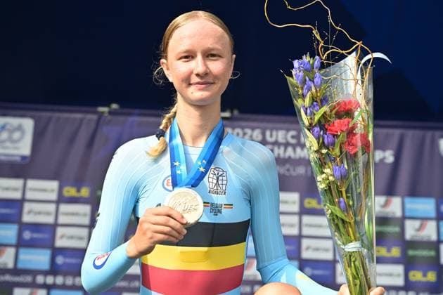 Belgium s Laura Five , winner of the silver medal pictured on the podium of the Women Junior Individual Time Trial race (22km) at the cycling UEC Road European Championships, in Ljubljana, Slovenia, on Wednesday 7 October 2026. The UEC Road European Championships are taking place from 02 to 07 October in Ljubljana, Slovenia. DAVIDxPINTENS  x189034189x