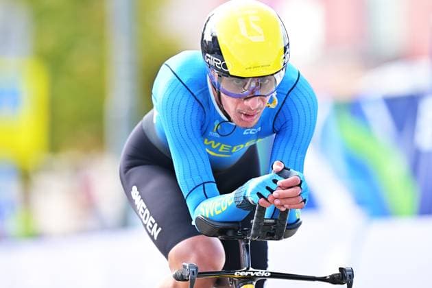 Sweden s Elias Wandel crosses the finish line of the Men Junior Individual Time Trial race (22km) at the cycling UEC Road European Championships, in Ljubljana, Slovenia, on Wednesday 7 October 2026. The UEC Road European Championships are taking place from 02 to 07 October in Ljubljana, Slovenia. DAVIDxPINTENS  x189035494x