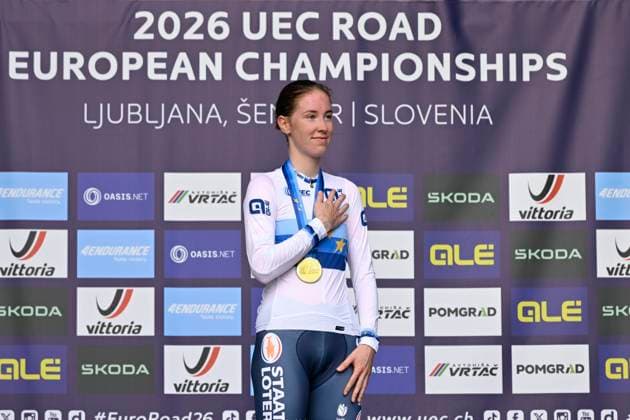 UEC 2026 Road European Championships Ljubljana 07 10 2026 SENCUR, SLOVENIA - OCTOBER 07 : gold medal Vinke Nienke (NED) pictured during the podium ceremony of the Individual Time Trial Women Under 23 at the 2026 UEC Road European Championships. An UCI Continental Championships time trial cycling race with start and finish in Sencur on October 7, 2026 in Sencur, Slovenia, 07 10 2026 Sencur Slovenia  Copyright: xJanxDexMeuleneirx