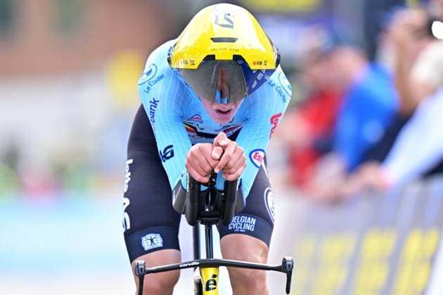 Belgium s Matisse Van Kerckhove crosses the finish line of the Men U23 Individual Time Trial race (22km) at the cycling UEC Road European Championships, in Ljubljana, Slovenia, on Wednesday 7 October 2026. The UEC Road European Championships are taking place from 02 to 07 October in Ljubljana, Slovenia. DAVIDxPINTENS  x189042502x