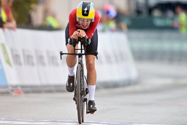 Luxembourg s Marie Schreiber crosses the finish line of the Women Elite Individual Time Trial race (22km) at the cycling UEC Road European Championships, in Ljubljana, Slovenia, on Wednesday 7 October 2026. The UEC Road European Championships are taking place from 02 to 07 October in Ljubljana, Slovenia. DAVIDxPINTENS  x189047494x