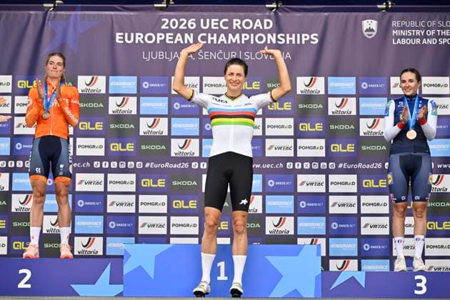 UEC 2026 Road European Championships Ljubljana 07 10 2026 SENCUR, SLOVENIA - OCTOBER 07 : silver medal Vollering Demi (NED) , gold medal Reusser Marlen (SUI) and bronze medal Berthet Juliette (FRA) pictured during the podium ceremony of the Women Elite Individual Time Trial at the 2026 UEC Road European Championships. An UCI Continental Championships time trial cycling race with start and finish in Sencur on October 7, 2026 in Sencur, Slovenia, 07 10 2026 Sencur Slovenia  Copyright: xJanxDexMeuleneirx