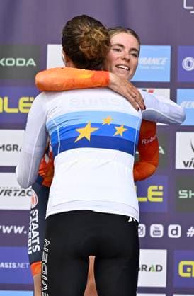 UEC 2026 Road European Championships Ljubljana 07 10 2026 SENCUR, SLOVENIA - OCTOBER 07 : silver medal Vollering Demi (NED) , gold medal Reusser Marlen (SUI) pictured during the podium ceremony of the Women Elite Individual Time Trial at the 2026 UEC Road European Championships. An UCI Continental Championships time trial cycling race with start and finish in Sencur on October 7, 2026 in Sencur, Slovenia, 07 10 2026 Sencur Slovenia  Copyright: xJanxDexMeuleneirx