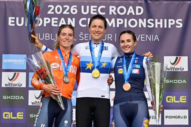 UEC 2026 Road European Championships Ljubljana 07 10 2026 SENCUR, SLOVENIA - OCTOBER 07 : silver medal Vollering Demi (NED) , gold medal Reusser Marlen (SUI) and bronze medal Berthet Juliette (FRA) pictured during the podium ceremony of the Women Elite Individual Time Trial at the 2026 UEC Road European Championships. An UCI Continental Championships time trial cycling race with start and finish in Sencur on October 7, 2026 in Sencur, Slovenia, 07 10 2026 Sencur Slovenia  Copyright: xJanxDexMeuleneirx