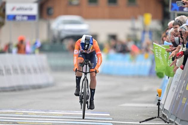 Netherlands Demi Vollering crosses the finish line of the Women Elite Individual Time Trial race (22km) at the cycling UEC Road European Championships, in Ljubljana, Slovenia, on Wednesday 7 October 2026. The UEC Road European Championships are taking place from 02 to 07 October in Ljubljana, Slovenia. DAVIDxPINTENS  x189050338x