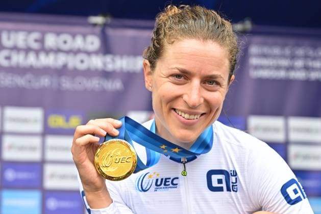 Switzerland s Marlen Reusser celebrates on the podium after winning the Women Elite Individual Time Trial race (22km) at the cycling UEC Road European Championships, in Ljubljana, Slovenia, on Wednesday 7 October 2026. The UEC Road European Championships are taking place from 02 to 07 October in Ljubljana, Slovenia. DAVIDxPINTENS  x189052657x