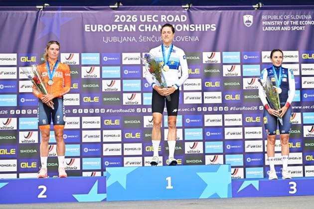 Netherlands Demi Vollering; Switzerland s Marlen Reusser and France s Juliette Berthet celebrate on the podium after the Women Elite Individual Time Trial race (22km) at the cycling UEC Road European Championships, in Ljubljana, Slovenia, on Wednesday 7 October 2026. The UEC Road European Championships are taking place from 02 to 07 October in Ljubljana, Slovenia. DAVIDxPINTENS  x189052126x