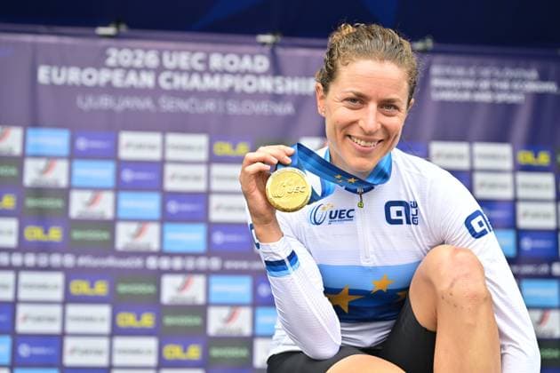 Switzerland s Marlen Reusser celebrates on the podium after winning the Women Elite Individual Time Trial race (22km) at the cycling UEC Road European Championships, in Ljubljana, Slovenia, on Wednesday 7 October 2026. The UEC Road European Championships are taking place from 02 to 07 October in Ljubljana, Slovenia. DAVIDxPINTENS x189054127x