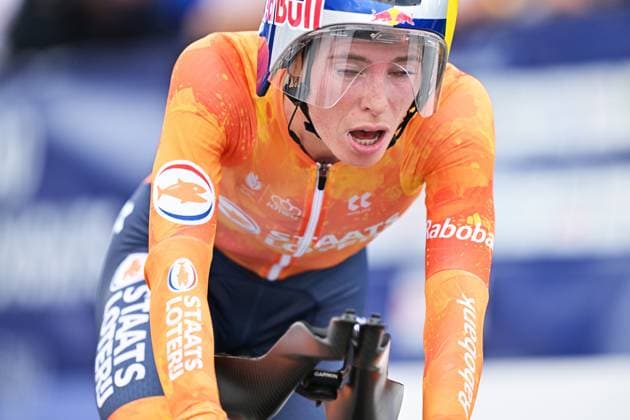Netherlands Demi Vollering crosses the finish line of the Women Elite Individual Time Trial race (22km) at the cycling UEC Road European Championships, in Ljubljana, Slovenia, on Wednesday 7 October 2026. The UEC Road European Championships are taking place from 02 to 07 October in Ljubljana, Slovenia. DAVIDxPINTENS x189054555x