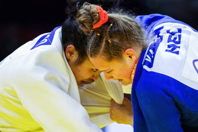 AZERBAIJAN, BAKU - OCTOBER 7, 2026: Lkhagvatogoogiin Enkhriilen (L) of Mongolia and Joanne van Lieshout of the Netherlands compete in the women’s -63 kg category at the National Gymnastics Arena during the 2026 World Judo Championships. Mikhail Sinitsyn TASS  98913996