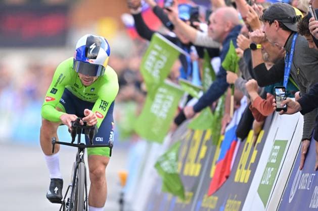 Slovenia s Primoz Roglic crosses the finish line to win the Men Elite Individual Time Trial race (22km) at the cycling UEC Road European Championships, in Ljubljana, Slovenia, on Wednesday 7 October 2026. The UEC Road European Championships are taking place from 02 to 07 October in Ljubljana, Slovenia. DAVIDxPINTENS  x189066624x