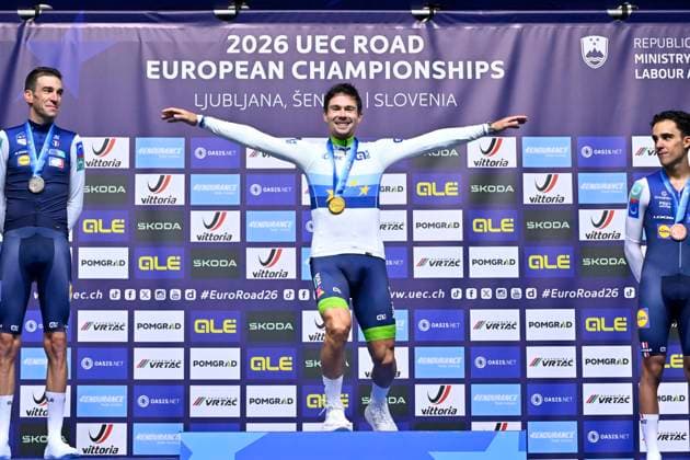 UEC 2026 Road European Championships Ljubljana 07 10 2026 SENCUR, SLOVENIA - OCTOBER 07 : silver medal Armirail Bruno (FRA), gold medal Roglic Primoz (SLO) and bronze medal Decomble Maxime (FRA) pictured during the podium ceremony of the Men Elite Individual Time Trial at the 2026 UEC Road European Championships. An UCI Continental Championships time trial cycling race with start and finish in Sencur on October 7, 2026 in Sencur, Slovenia, 07 10 2026 Sencur Slovenia  Copyright: xJanxDexMeuleneirx