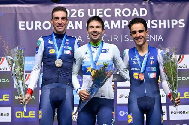 UEC 2026 Road European Championships Ljubljana 07 10 2026 SENCUR, SLOVENIA - OCTOBER 07 : silver medal Armirail Bruno (FRA), gold medal Roglic Primoz (SLO) and bronze medal Decomble Maxime (FRA) pictured during the podium ceremony of the Men Elite Individual Time Trial at the 2026 UEC Road European Championships. An UCI Continental Championships time trial cycling race with start and finish in Sencur on October 7, 2026 in Sencur, Slovenia, 07 10 2026 Sencur Slovenia  Copyright: xJanxDexMeuleneirx