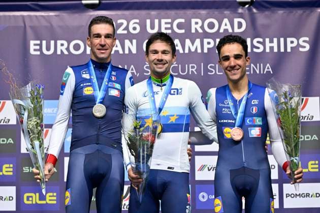 UEC 2026 Road European Championships Ljubljana 07 10 2026 SENCUR, SLOVENIA - OCTOBER 07 : silver medal Armirail Bruno (FRA), gold medal Roglic Primoz (SLO) and bronze medal Decomble Maxime (FRA) pictured during the podium ceremony of the Men Elite Individual Time Trial at the 2026 UEC Road European Championships. An UCI Continental Championships time trial cycling race with start and finish in Sencur on October 7, 2026 in Sencur, Slovenia, 07 10 2026 Sencur Slovenia  Copyright: xJanxDexMeuleneirx