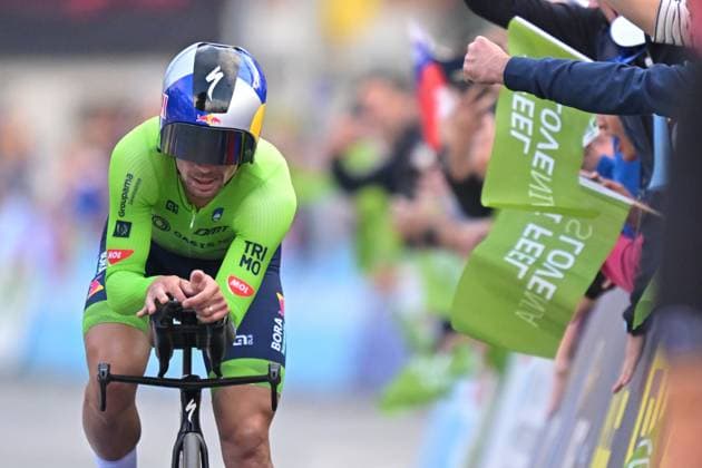 Slovenia s Primoz Roglic crosses the finish line to win the Men Elite Individual Time Trial race (22km) at the cycling UEC Road European Championships, in Ljubljana, Slovenia, on Wednesday 7 October 2026. The UEC Road European Championships are taking place from 02 to 07 October in Ljubljana, Slovenia. DAVIDxPINTENS  x189071051x