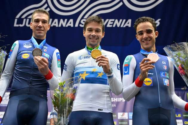 UEC 2026 Road European Championships Ljubljana 07 10 2026 SENCUR, SLOVENIA - OCTOBER 07 : silver medal Armirail Bruno (FRA), gold medal Roglic Primoz (SLO) and bronze medal Decomble Maxime (FRA) pictured during the podium ceremony of the Men Elite Individual Time Trial at the 2026 UEC Road European Championships. An UCI Continental Championships time trial cycling race with start and finish in Sencur on October 7, 2026 in Sencur, Slovenia, 07 10 2026 Sencur Slovenia  Copyright: xJanxDexMeuleneirx