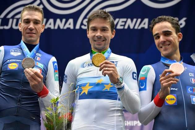 UEC 2026 Road European Championships Ljubljana 07 10 2026 SENCUR, SLOVENIA - OCTOBER 07 : silver medal Armirail Bruno (FRA), gold medal Roglic Primoz (SLO) and bronze medal Decomble Maxime (FRA) pictured during the podium ceremony of the Men Elite Individual Time Trial at the 2026 UEC Road European Championships. An UCI Continental Championships time trial cycling race with start and finish in Sencur on October 7, 2026 in Sencur, Slovenia, 07 10 2026 Sencur Slovenia  Copyright: xJanxDexMeuleneirx