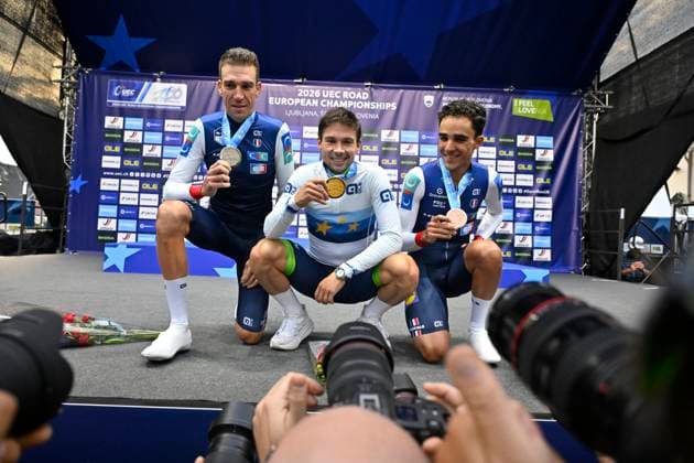 UEC 2026 Road European Championships Ljubljana 07 10 2026 SENCUR, SLOVENIA - OCTOBER 07 : silver medal Armirail Bruno (FRA), gold medal Roglic Primoz (SLO) and bronze medal Decomble Maxime (FRA) pictured during the podium ceremony of the Men Elite Individual Time Trial at the 2026 UEC Road European Championships. An UCI Continental Championships time trial cycling race with start and finish in Sencur on October 7, 2026 in Sencur, Slovenia, 07 10 2026 Sencur Slovenia  Copyright: xJanxDexMeuleneirx