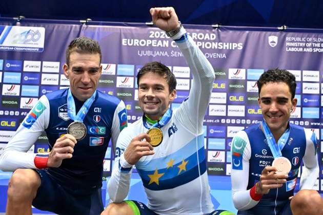 UEC 2026 Road European Championships Ljubljana 07 10 2026 SENCUR, SLOVENIA - OCTOBER 07 : silver medal Armirail Bruno (FRA), gold medal Roglic Primoz (SLO) and bronze medal Decomble Maxime (FRA) pictured during the podium ceremony of the Men Elite Individual Time Trial at the 2026 UEC Road European Championships. An UCI Continental Championships time trial cycling race with start and finish in Sencur on October 7, 2026 in Sencur, Slovenia, 07 10 2026 Sencur Slovenia  Copyright: xJanxDexMeuleneirx