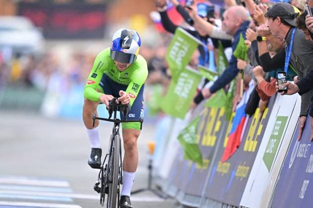 Slovenia s Primoz Roglic crosses the finish line to win the Men Elite Individual Time Trial race (22km) at the cycling UEC Road European Championships, in Ljubljana, Slovenia, on Wednesday 7 October 2026. The UEC Road European Championships are taking place from 02 to 07 October in Ljubljana, Slovenia. DAVIDxPINTENS x189071127x